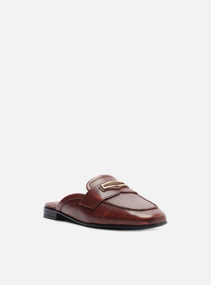 Mule Marrom Couro Tira Metal