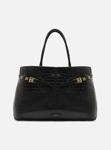 Bolsa Shopping Preta Couro Croco Grande Fivelas