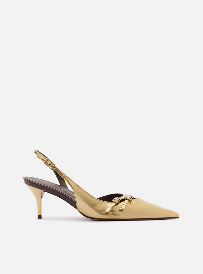 Scarpin Dourado Couro Salto Baixo Fino Fivelas