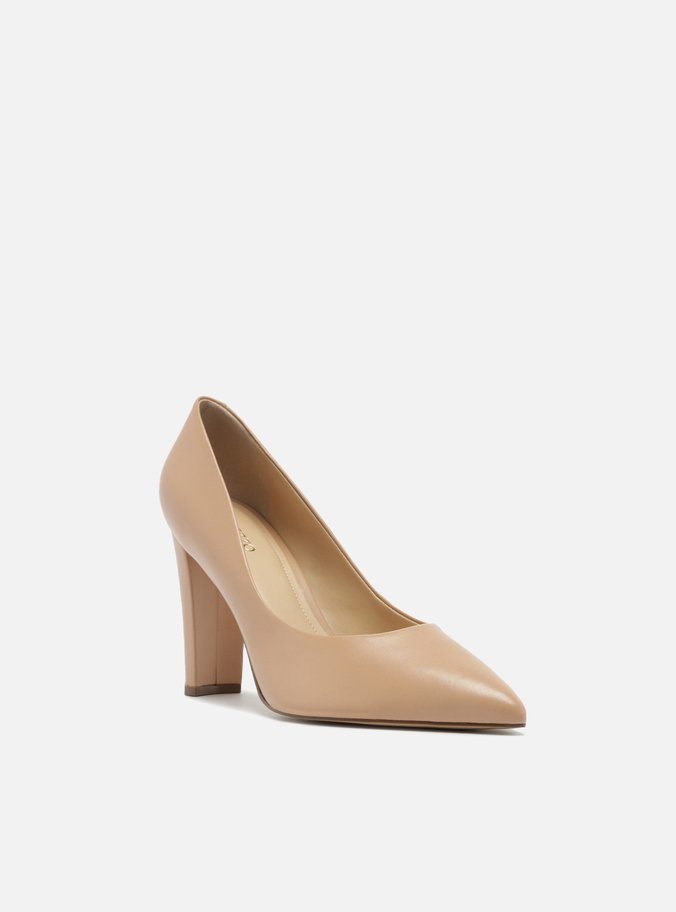 Scarpin Nude Couro Salto Alto Bloco Bico Fino