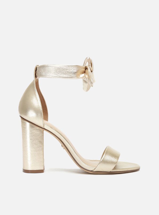 Sandália Dourada Couro Salto Bloco Lace Up