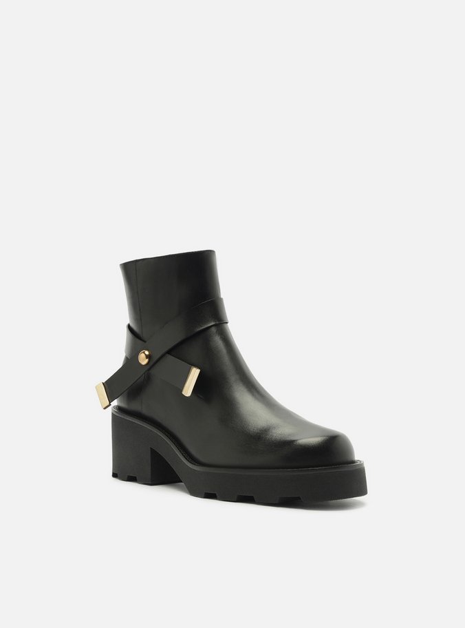 Bota Preta Couro Cano Curto Salto Alto Tira