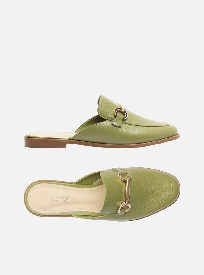 Mule Verde Couro Bridão Metálico Básica