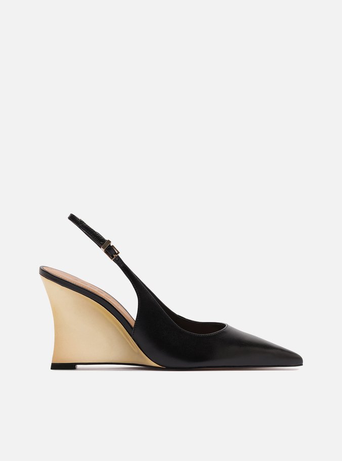 Scarpin Preto Couro Anabela Dourado Slingback