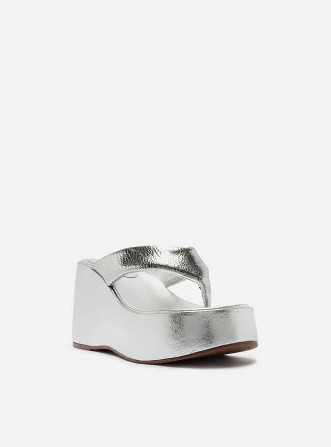 Sandália Prata Couro Plataforma Flip Flop TIG