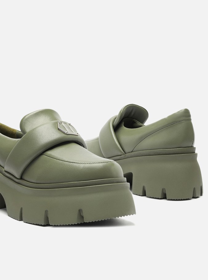 Mocassim Verde Couro Bico Redondo Puffer