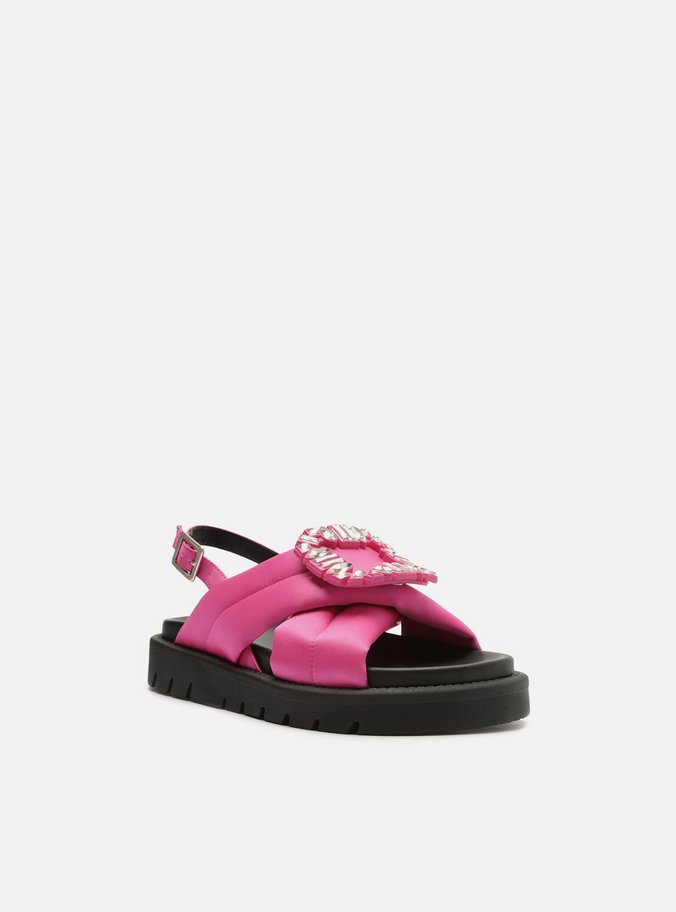 Sandália Papete Rosa Cetim Flatform Pedraria