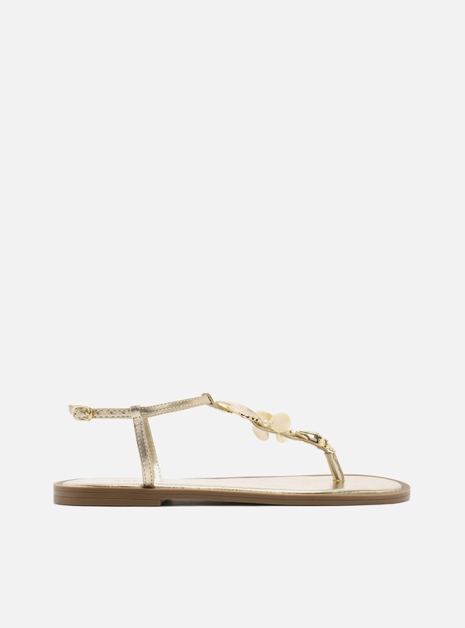 Sandália Rasteira Dourada Couro Slim Conchas