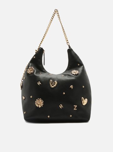 Bolsa Hobo Preta Couro Grande Metais Fun