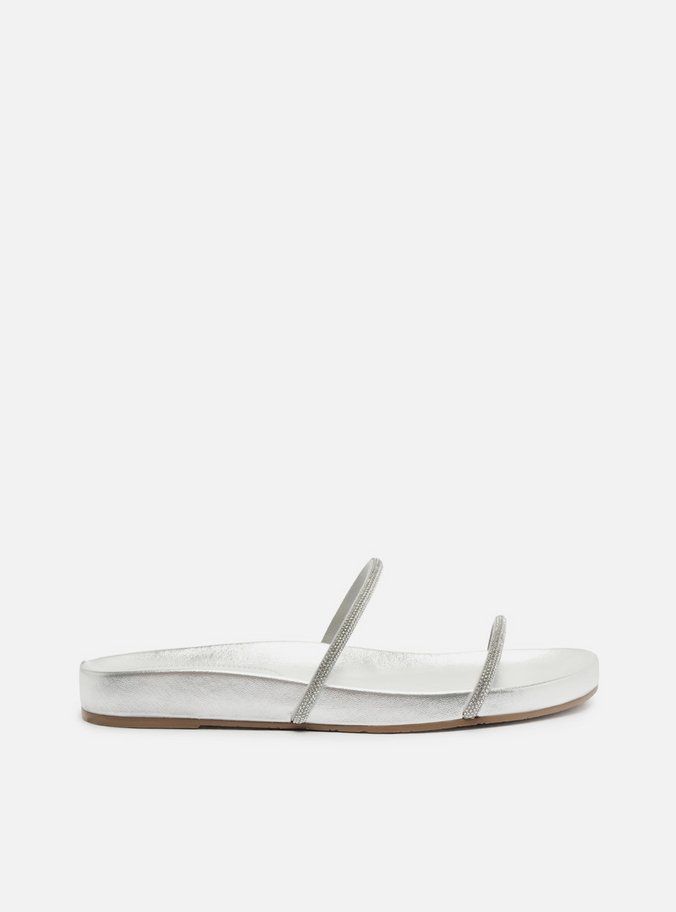 Sandália Rasteira Prata Tiras Strass Minimal