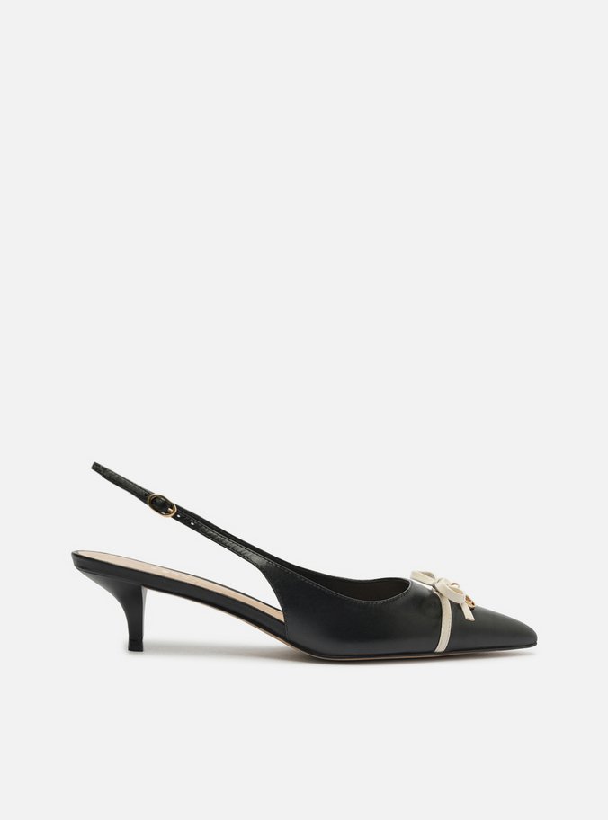 Scarpin Preto Couro Salto Baixo Slingback Laço