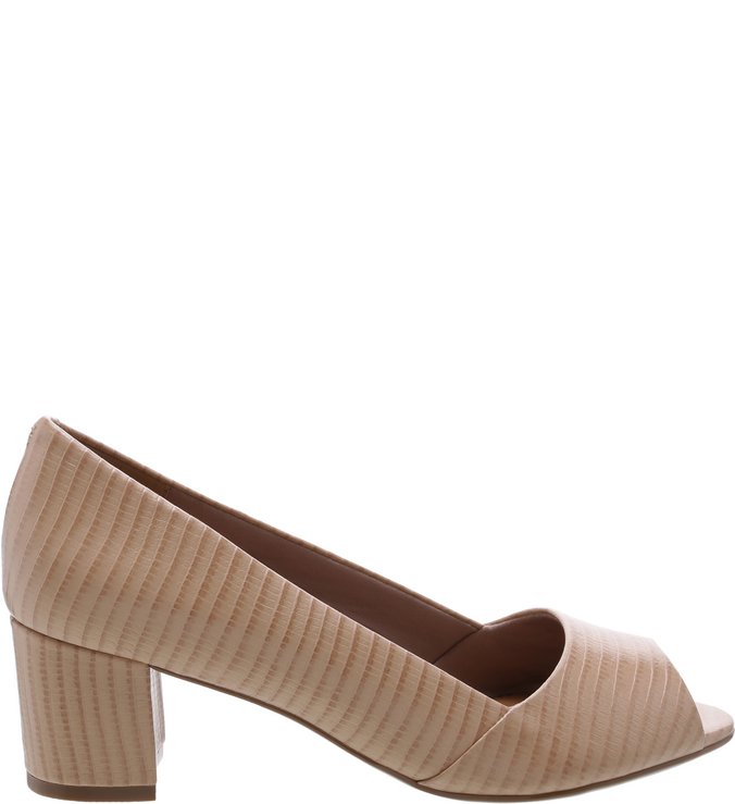 Peep-Toe Couro Salto Bloco Lizard Nude Crema