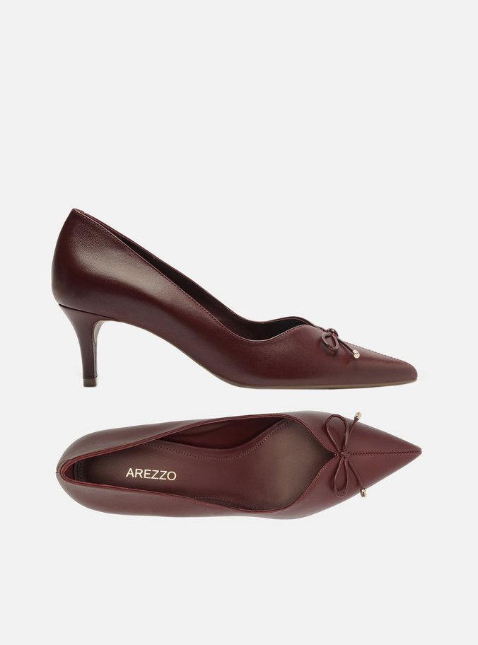 Scarpin Vermelho Couro Salto Médio Fino Laço
