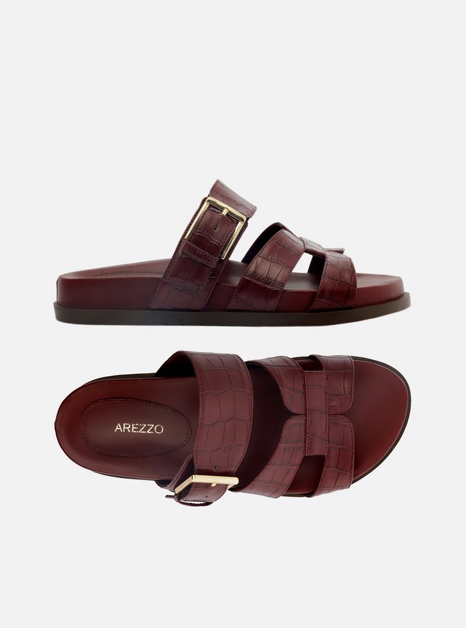 Papete Rasteira Vinho Croco Tira Vazada Fivela