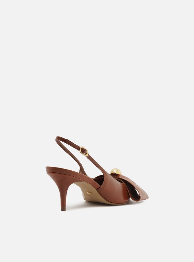 Scarpin Marrom Couro Slingback Laço Metal