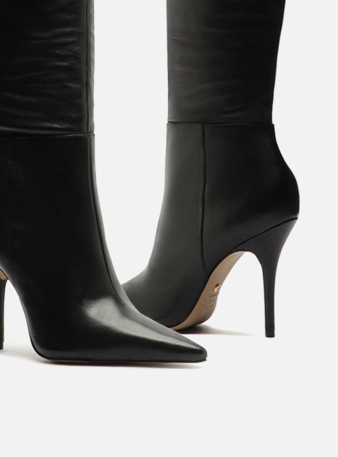 Bota Over The Knee Preta Couro Salto Fino