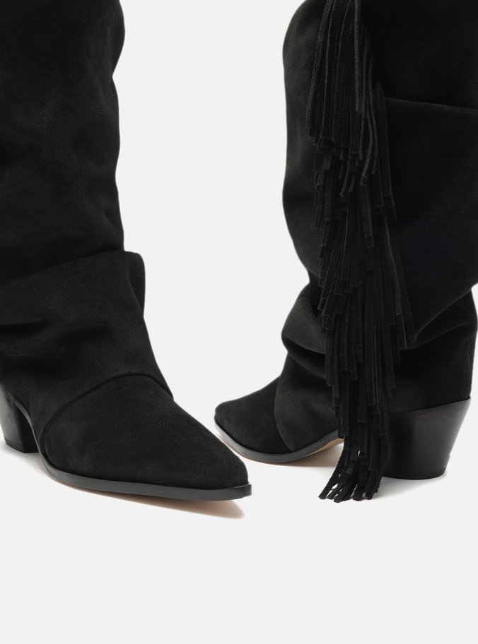 Bota Preta Suede Cano Alto Bloco Franjas