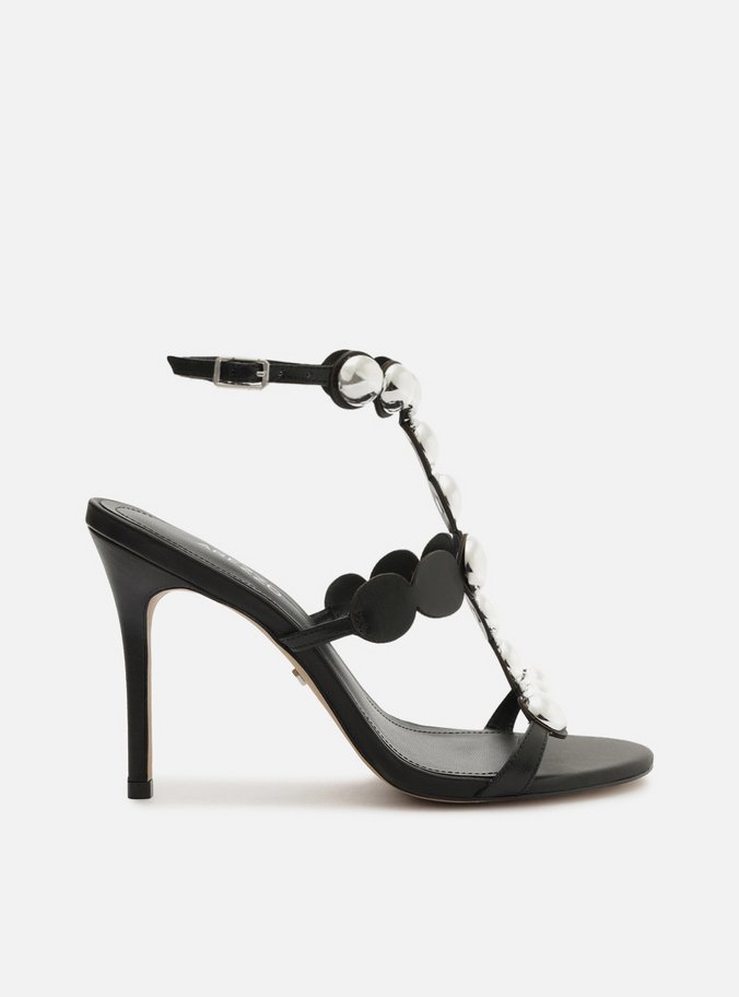 Sandália Preta Couro Salto Fino Semiesferas