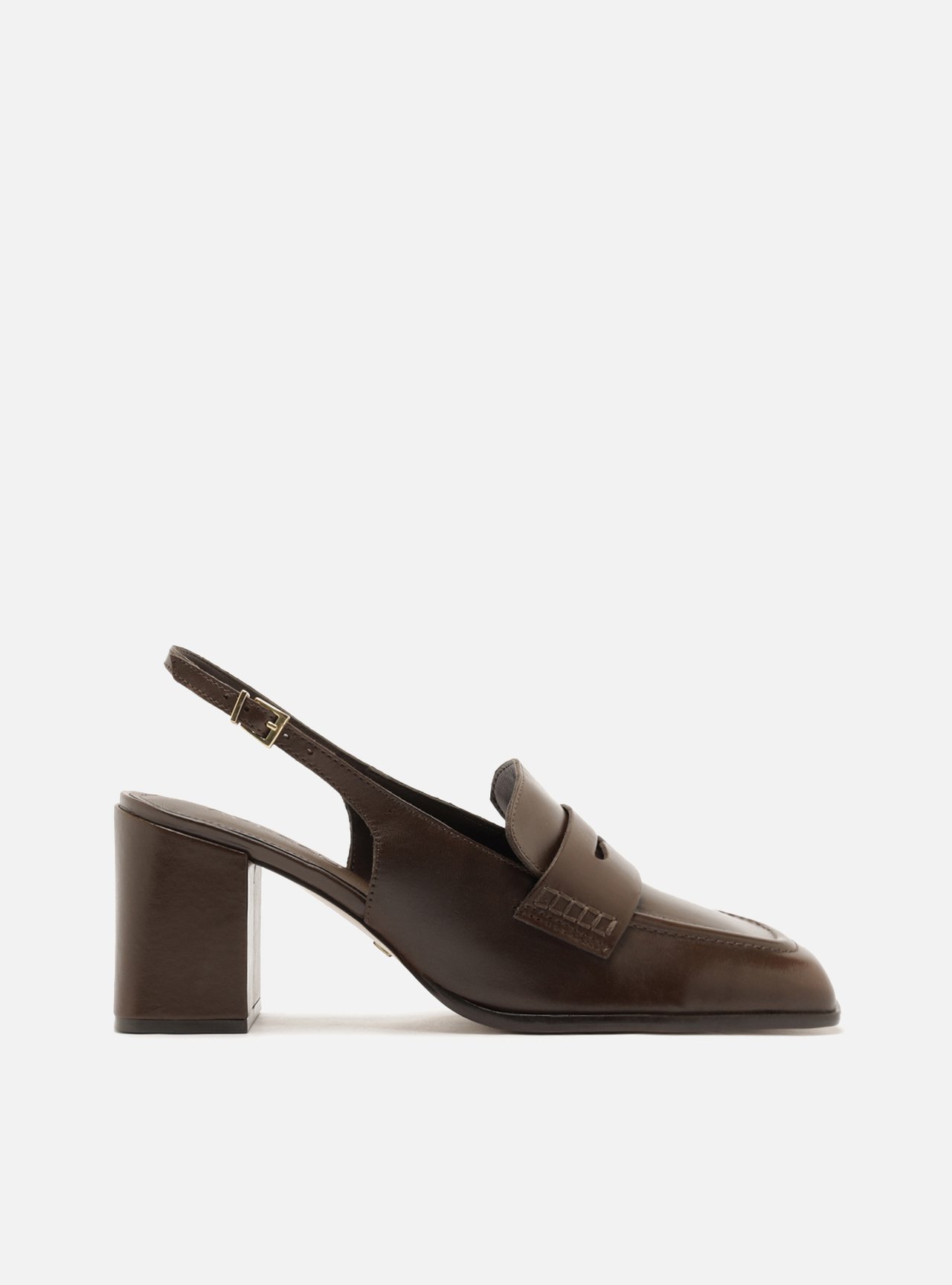 Mocassim Marrom Couro Salto Bloco Slingback — foto 1