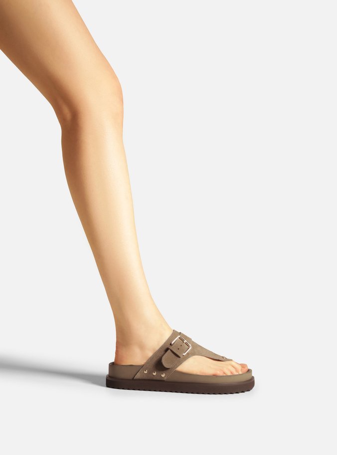 Sandália Papete Verde Suede Tira Fivela