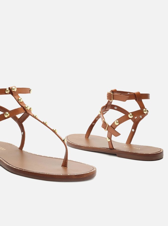 Rasteira Marrom Couro Slim Gladiadora Tachas