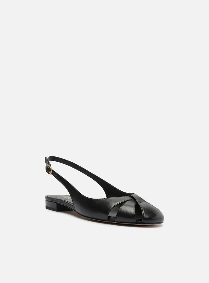 Sapatilha Preta Couro Slingback Cabedal Vazado