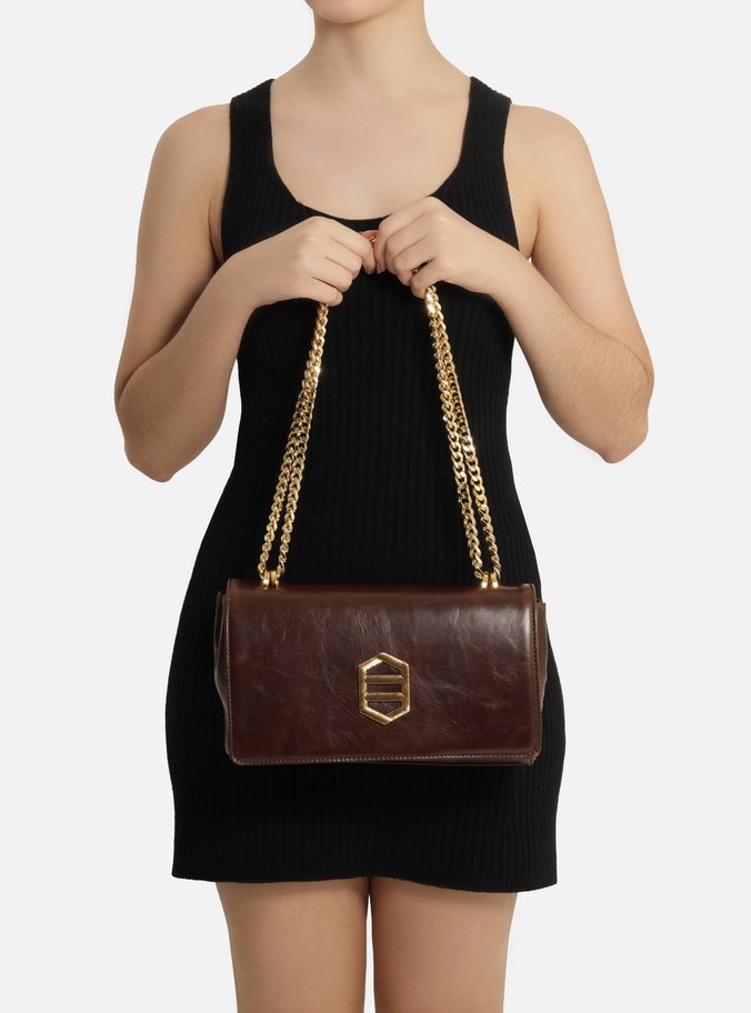 Bolsa Tiracolo Marrom Couro Média Metal Dourado