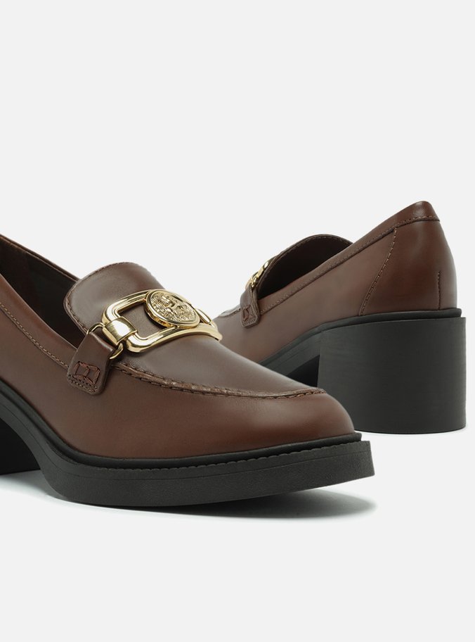 Mocassim Marrom Couro Salto Bloco