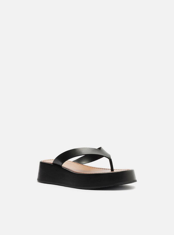 Tamanco Preto Couro Flatform Thong
