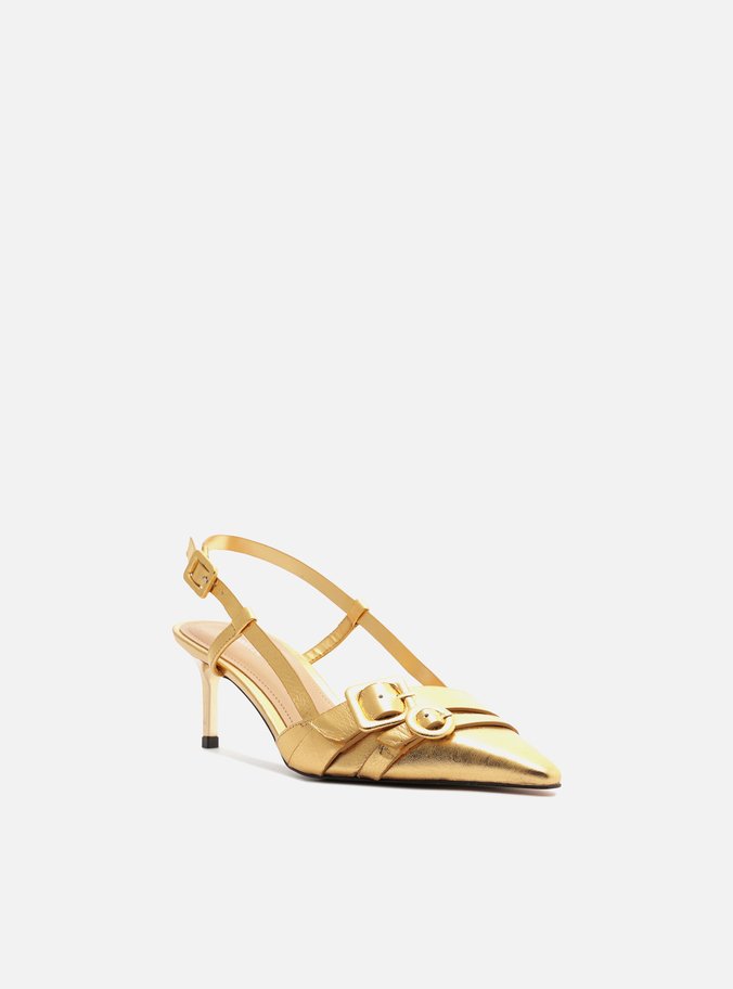 Scarpin Dourado Couro Salto Baixo Slingback