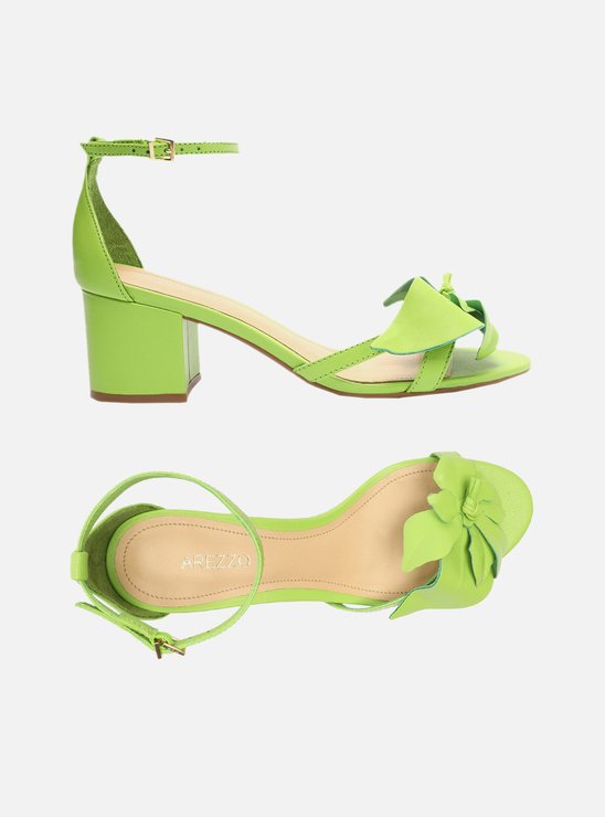 Sandália Verde Couro Salto Bloco Flor