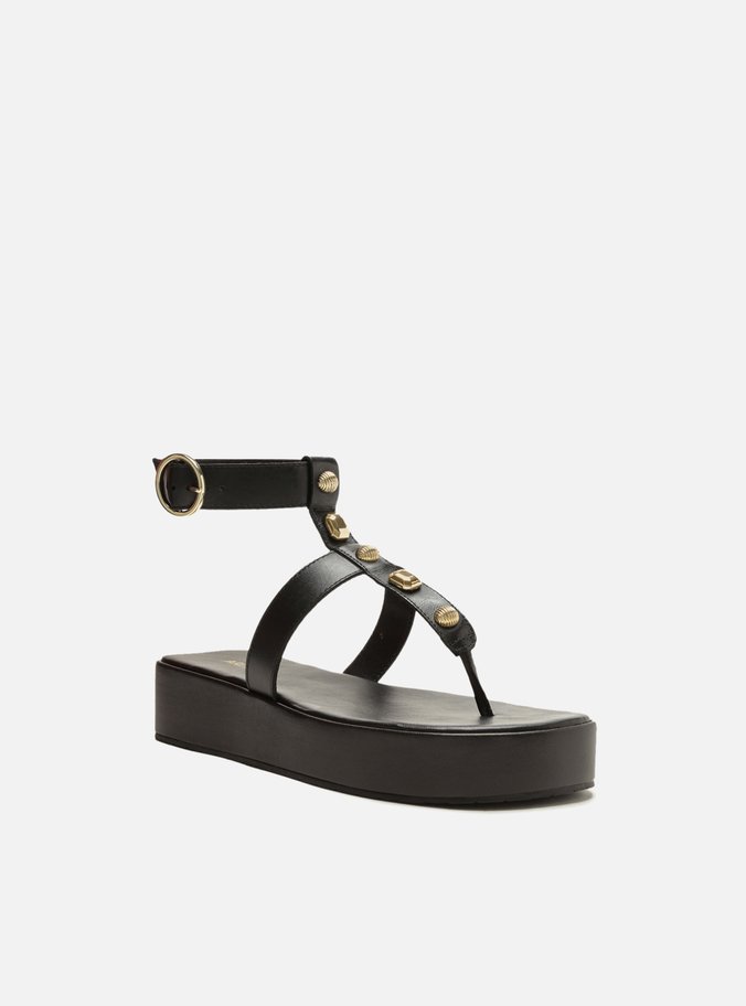 Sandália Preta Flatform Tiras Aplicações