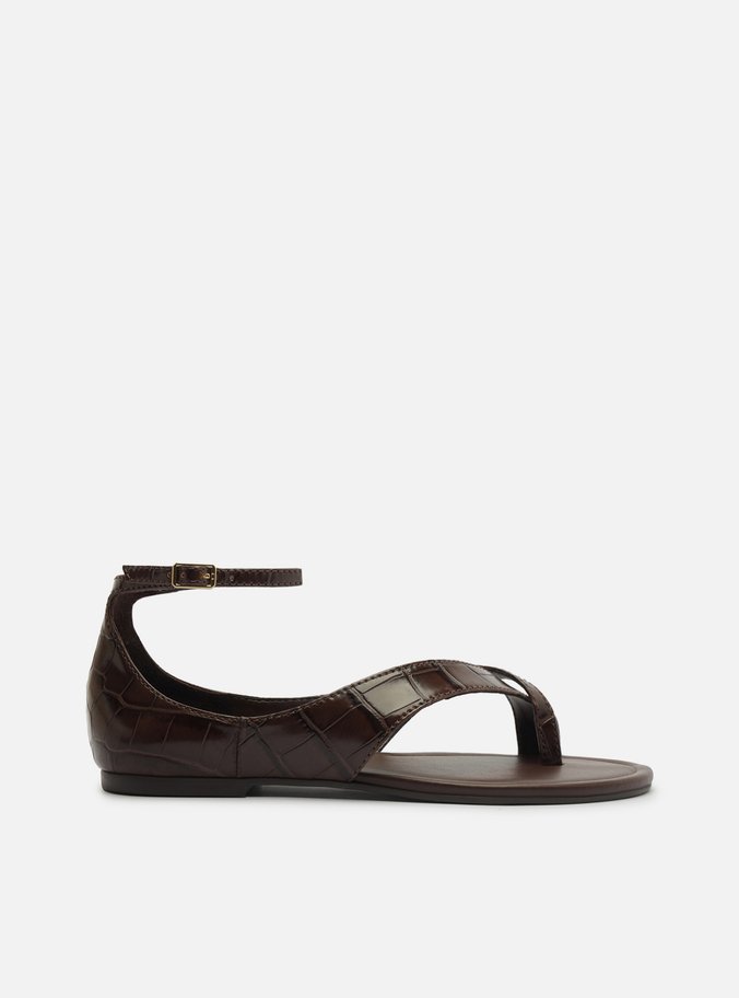 Sandália Rasteira Marrom Croco Tiras Dedeira
