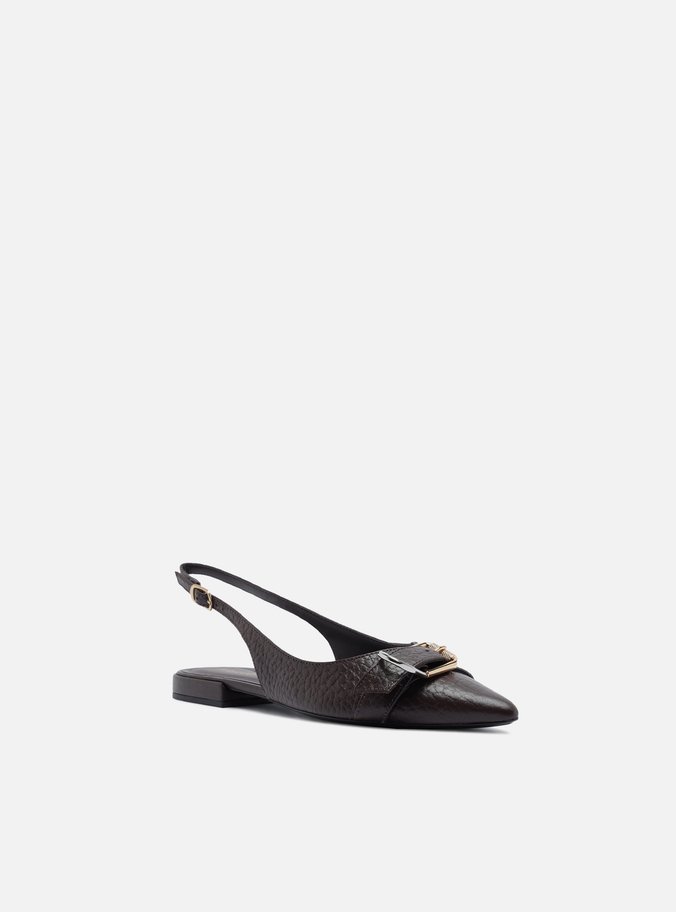 Sapatilha Marrom Couro Textura Slingback Fivela