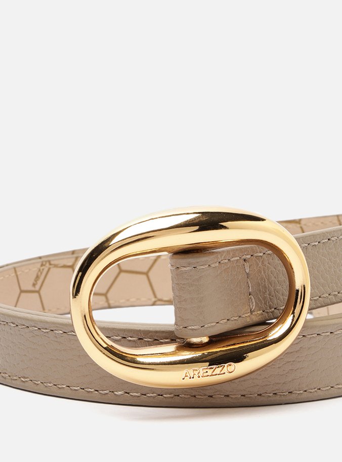 Cinto Cinza Couro Fino Fivela Oval Metal