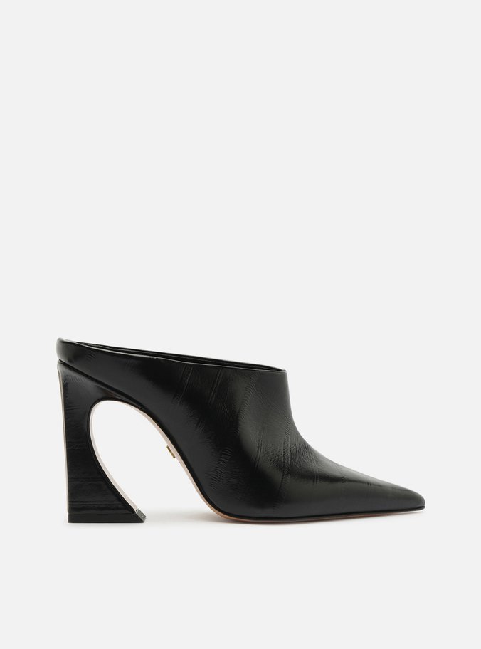 Mule Preta Couro Textura Salto Alto Flare