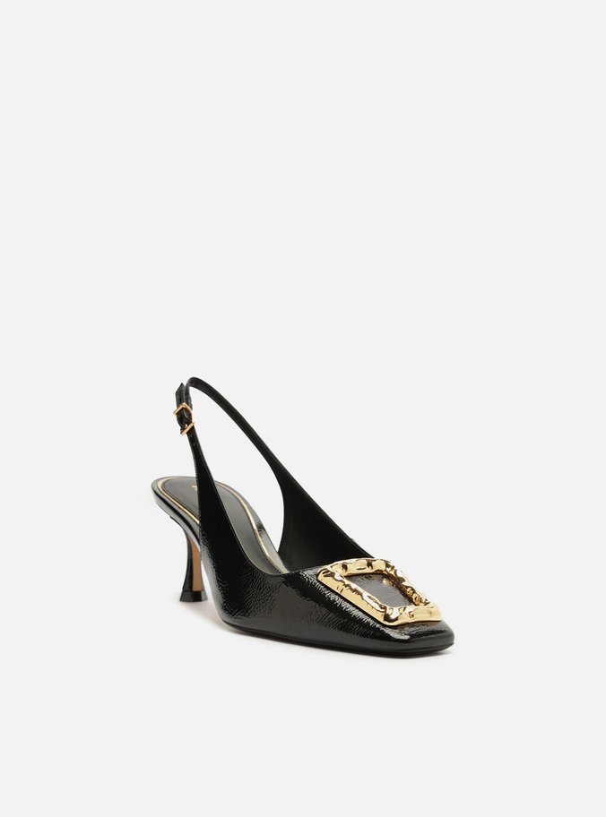 Scarpin Preto Slingback Salto Médio Verniz