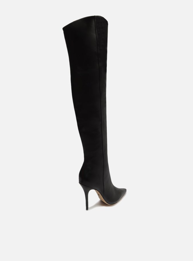 Bota Over The Knee Preta Couro Bico Fino