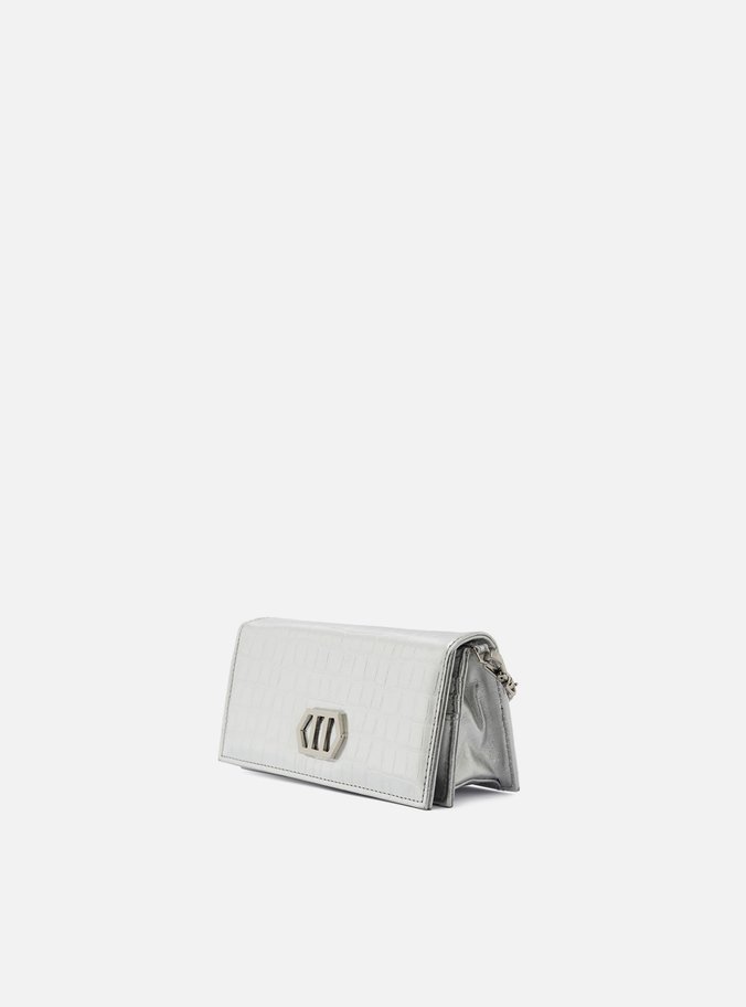 Clutch Prata Couro Croco Pequena Metal