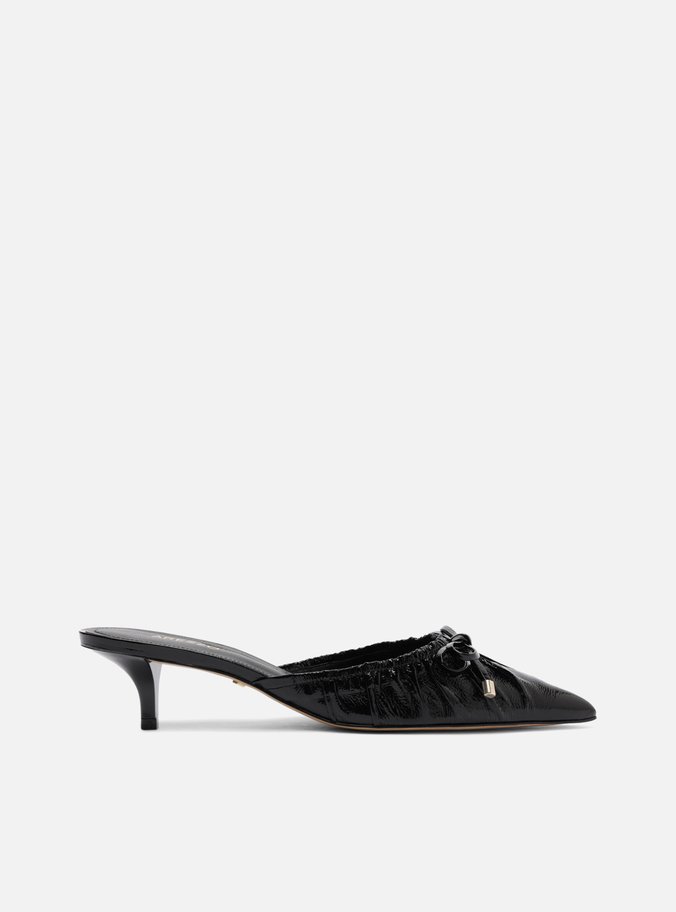 Mule Preto Couro Franzido Laço