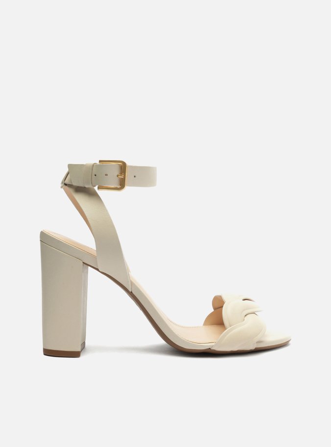 Sandália Off-White Couro Salto Bloco Trama Fivela