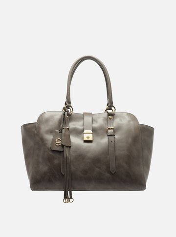 Bolsa Tote Cinza Couro Estonado Grande Metal