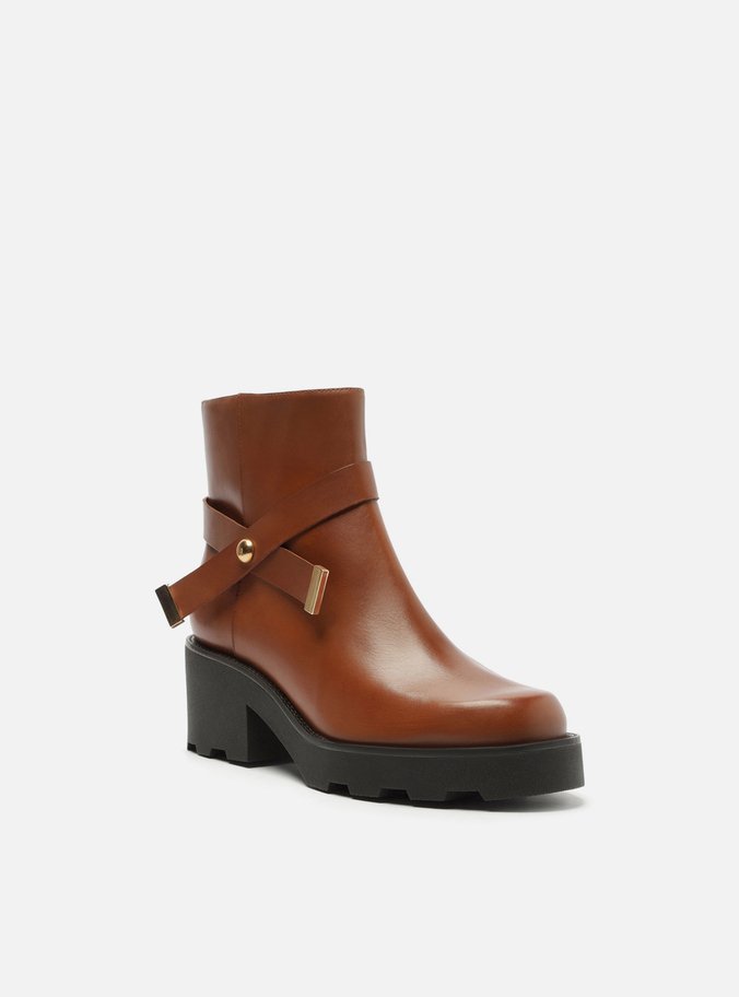 Bota Marrom Couro Cano Curto Salto Alto Tira