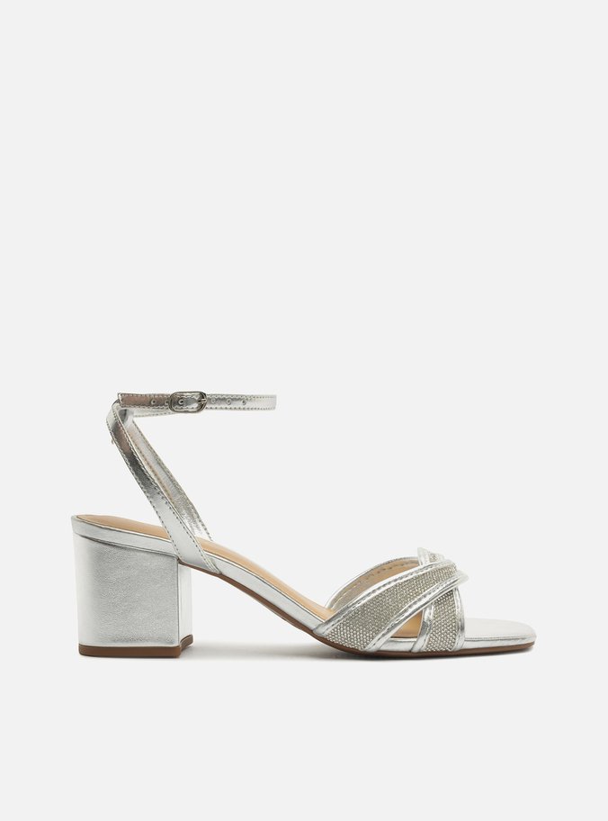 Sandália Prata Salto Bloco Strass Enlace