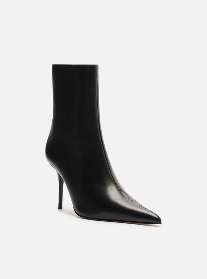 Bota Preta Couro Cano Curto Salto Alto Fino