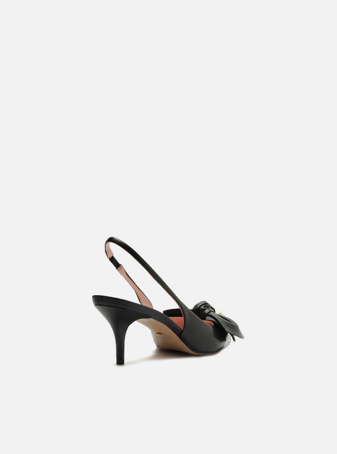 Scarpin Preto Couro Slingback Laço Pérolas