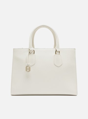 Bolsa Tote Branca Couro Grande Bag Charm Metal