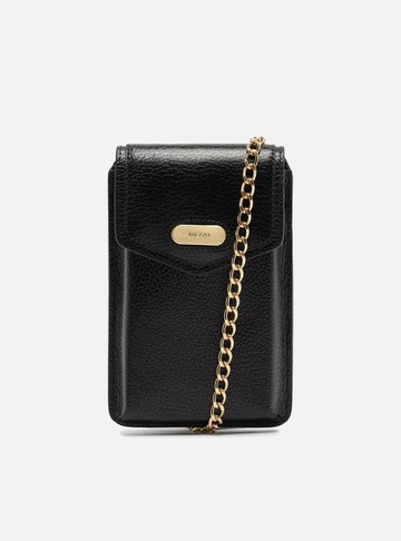 Mini Bag Preta Couro Porta-Celular Tag Metal