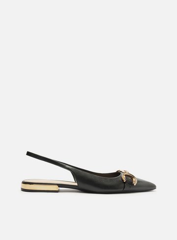 Sapatilha Preta Couro Bico Fino Slingback Bridão