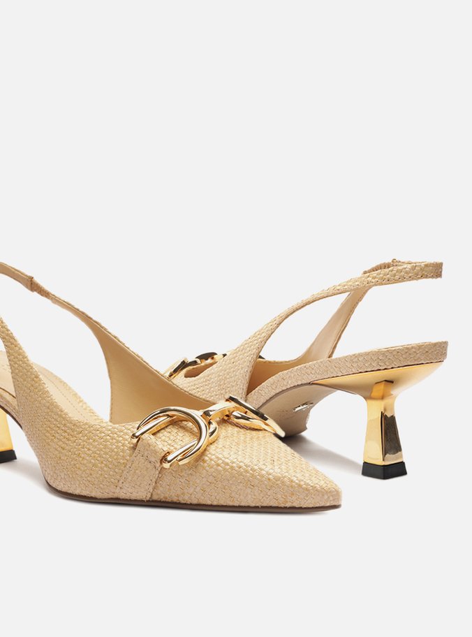 Scarpin Nude Tecido Bico Fino Slingback Bridão
